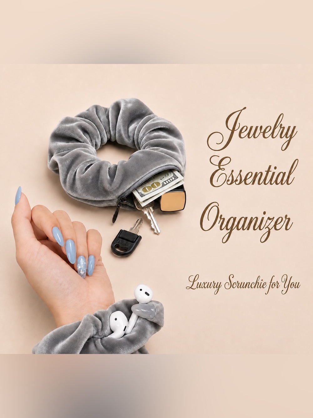 Scrunchie with Zipper Pocket, Velvet
 Wrist Pouch & Hairband - Gray